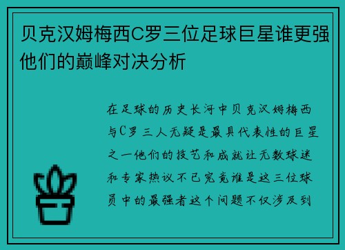 贝克汉姆梅西C罗三位足球巨星谁更强他们的巅峰对决分析