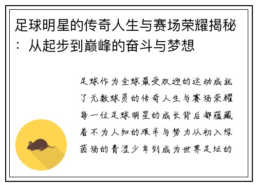 足球明星的传奇人生与赛场荣耀揭秘：从起步到巅峰的奋斗与梦想